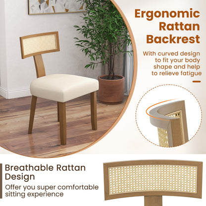 Upholstered Dining Chairs with Curved Rattan Backrests and Linen Fabric Cushions - Set of 2