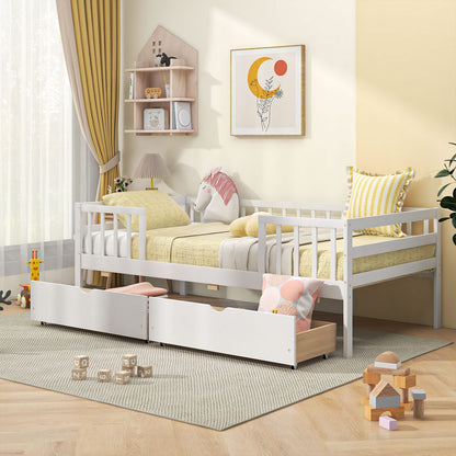 Montessori Twin Daybed with Storage Drawers and Fence Rails for Boys and Girls