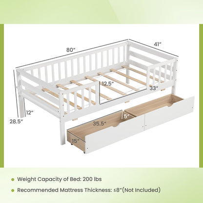 Montessori Twin Daybed with Storage Drawers and Fence Rails for Boys and Girls