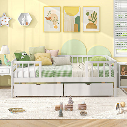 Montessori Twin Daybed with Storage Drawers and Fence Rails for Boys and Girls