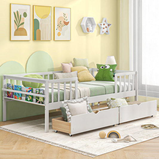 Montessori Twin Daybed with Storage Drawers and Fence Rails for Boys and Girls
