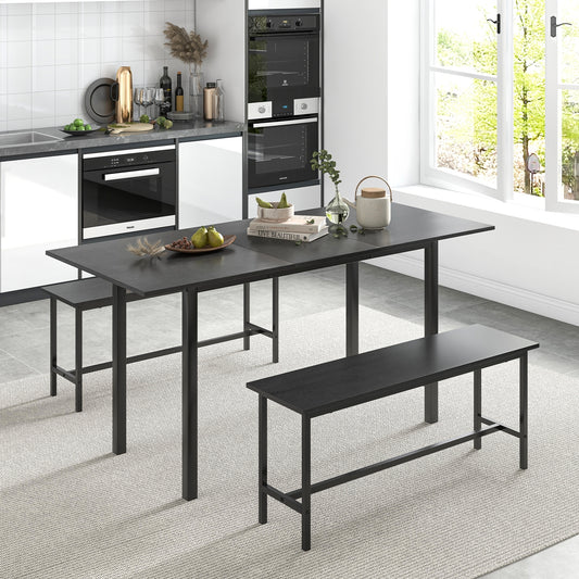 Expandable 3 Piece Dining Table Set with 2 Benches for 4 to 6 People in Black Finish