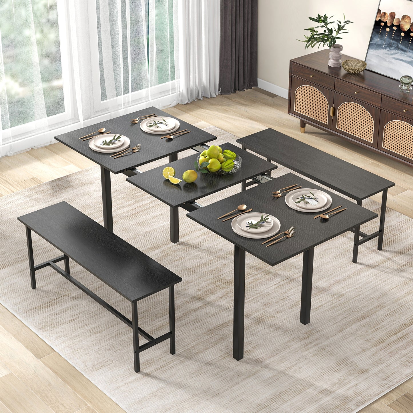 Expandable 3 Piece Dining Table Set with 2 Benches for 4 to 6 People in Black Finish