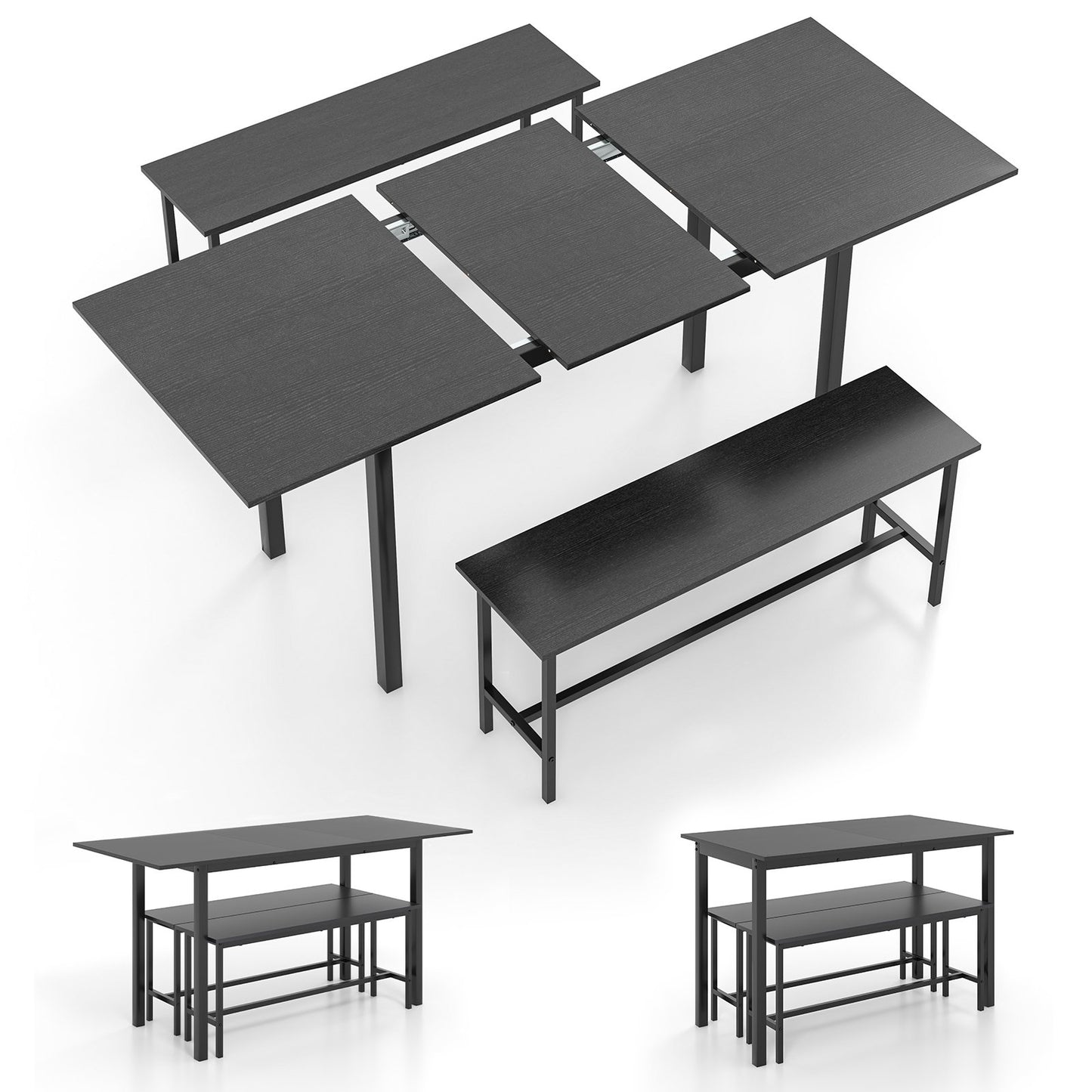 Expandable 3 Piece Dining Table Set with 2 Benches for 4 to 6 People in Black Finish
