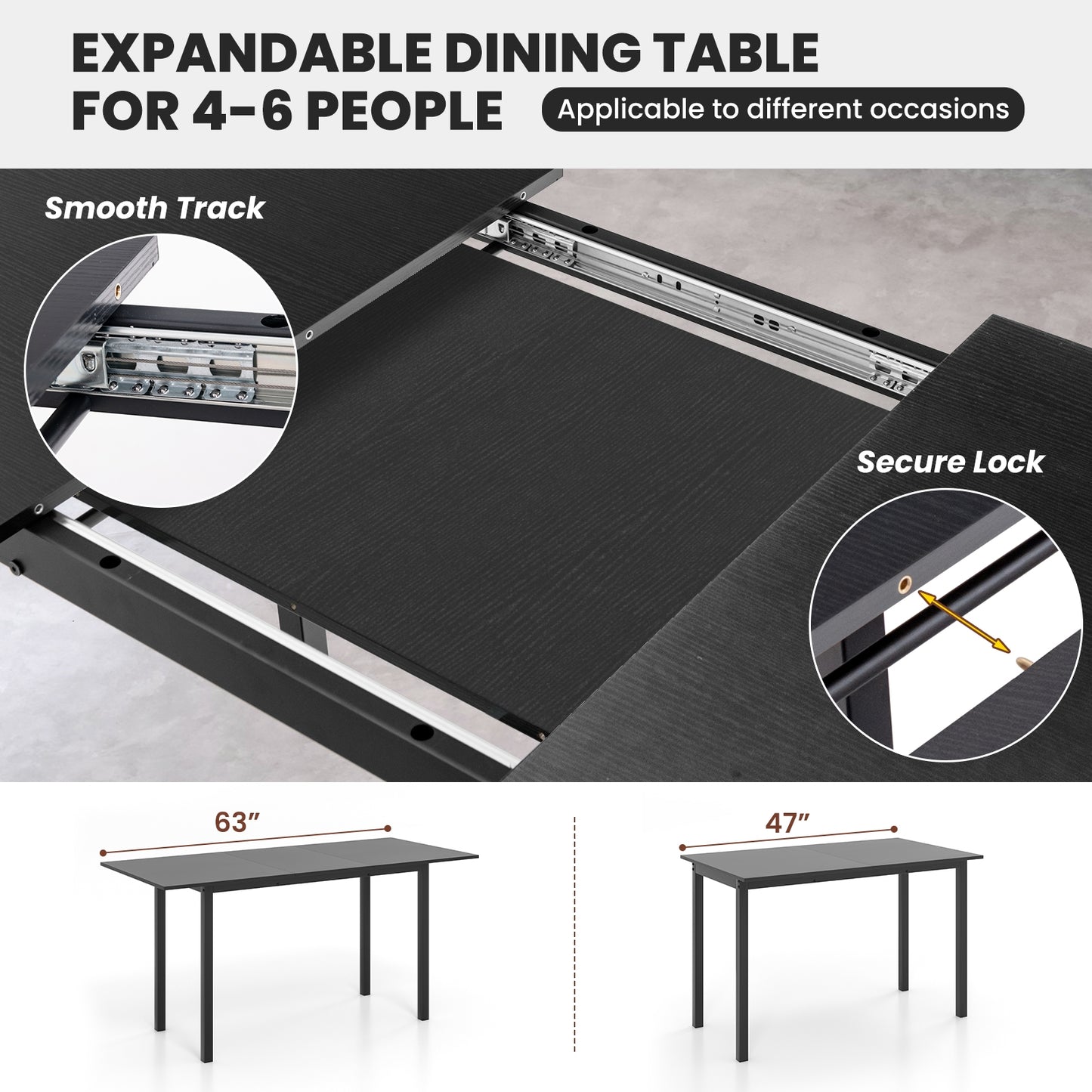 Expandable 3 Piece Dining Table Set with 2 Benches for 4 to 6 People in Black Finish