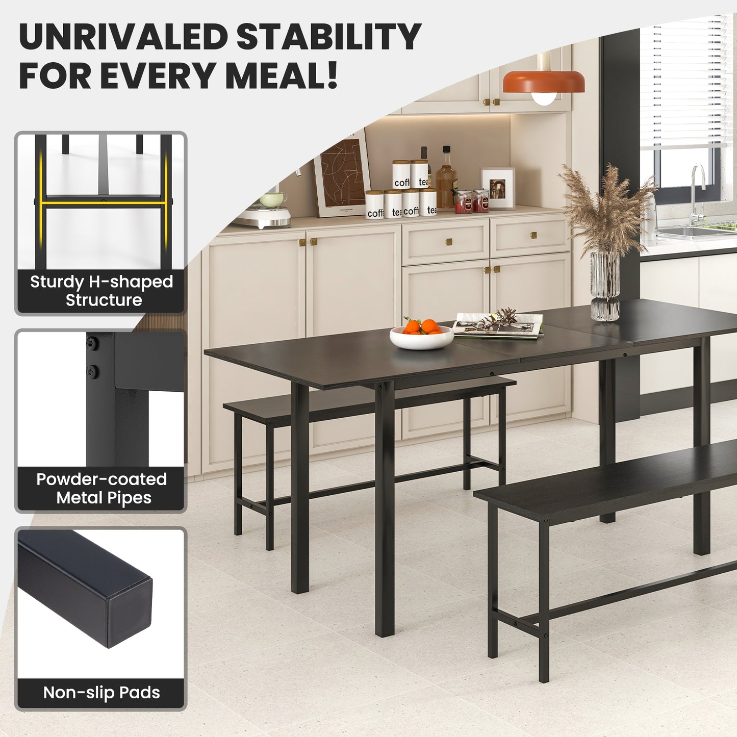 Expandable 3 Piece Dining Table Set with 2 Benches for 4 to 6 People in Black Finish
