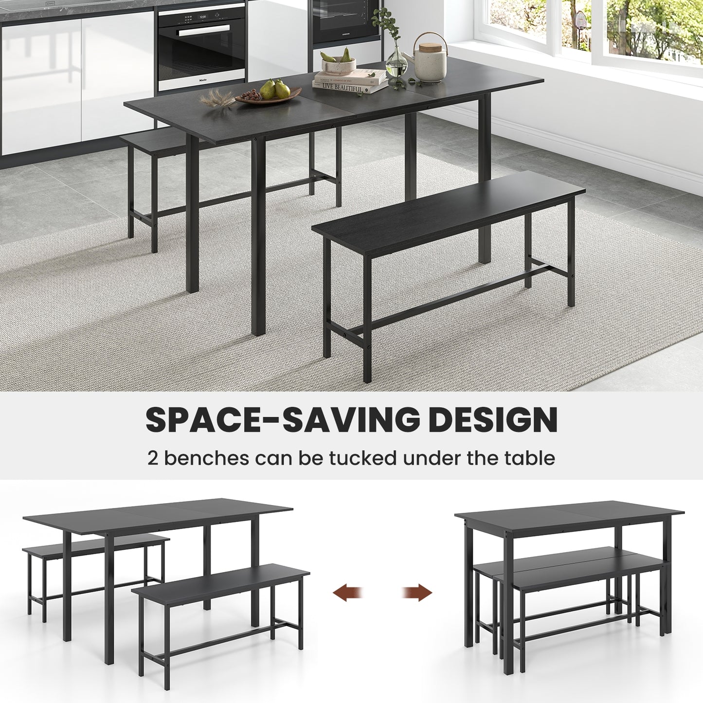 Expandable 3 Piece Dining Table Set with 2 Benches for 4 to 6 People in Black Finish