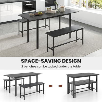Expandable 3 Piece Dining Table Set with 2 Benches for 4 to 6 People in Black Finish
