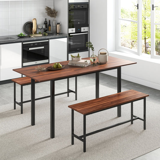 Expandable 3 Piece Dining Table Set with 2 Benches for 4 to 6 People in Walnut Finish