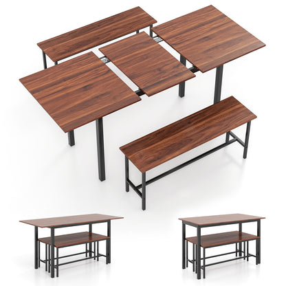 Expandable 3 Piece Dining Table Set with 2 Benches for 4 to 6 People in Walnut Finish
