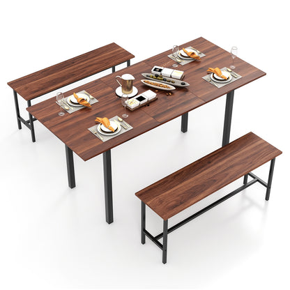 Expandable 3 Piece Dining Table Set with 2 Benches for 4 to 6 People in Walnut Finish