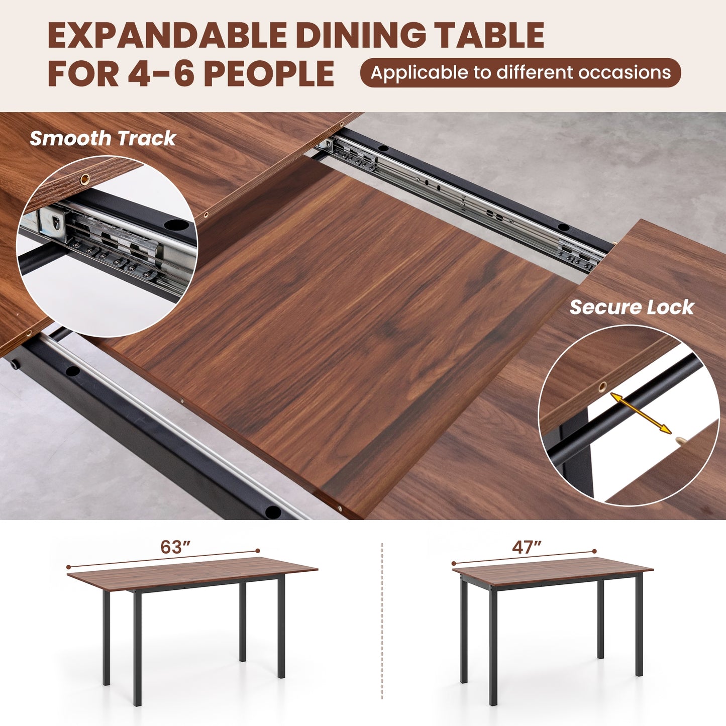 Expandable 3 Piece Dining Table Set with 2 Benches for 4 to 6 People in Walnut Finish