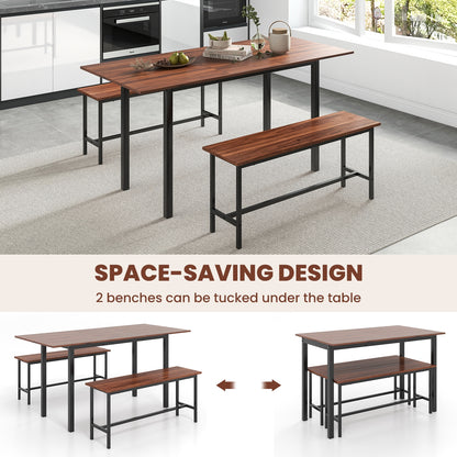 Expandable 3 Piece Dining Table Set with 2 Benches for 4 to 6 People in Walnut Finish