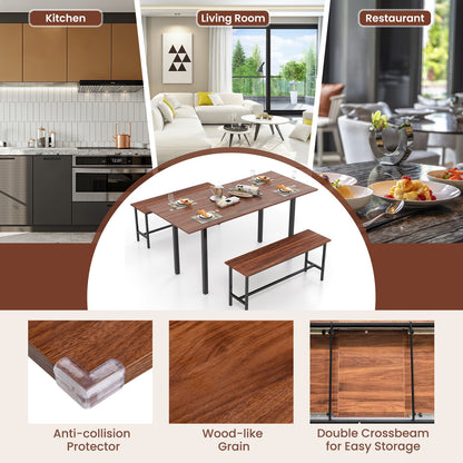 Expandable 3 Piece Dining Table Set with 2 Benches for 4 to 6 People in Walnut Finish