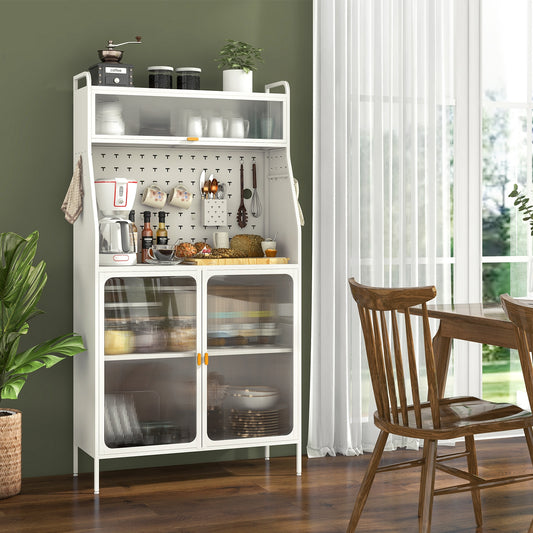 Freestanding 5 Tier Kitchen Pantry Cabinet with Flip-Up Glass Door Pegboard and Storage Shelves