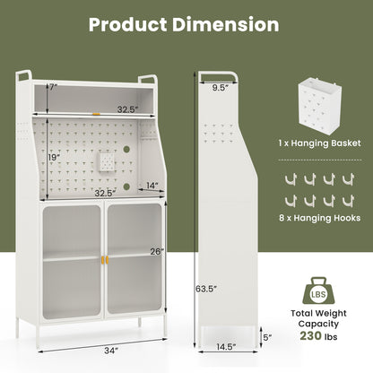 Freestanding 5 Tier Kitchen Pantry Cabinet with Flip-Up Glass Door Pegboard and Storage Shelves