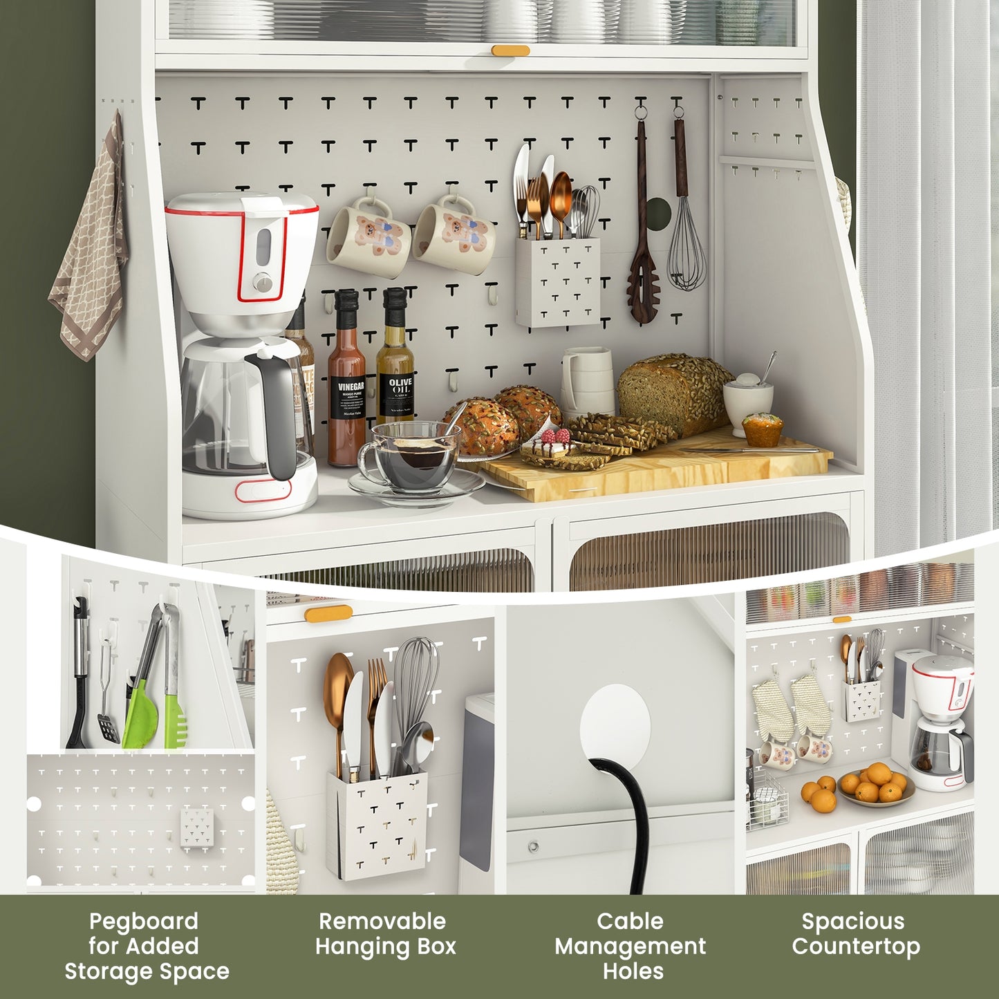 Freestanding 5 Tier Kitchen Pantry Cabinet with Flip-Up Glass Door Pegboard and Storage Shelves