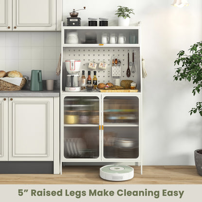 Freestanding 5 Tier Kitchen Pantry Cabinet with Flip-Up Glass Door Pegboard and Storage Shelves