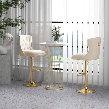 360° Swivel Velvet Bar Stools Set of 2 with Adjustable Footrest and Electroplated Metal Base - Beige