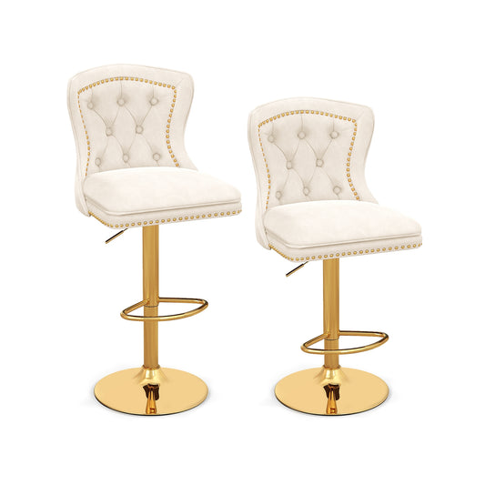 360° Swivel Velvet Bar Stools Set of 2 with Adjustable Footrest and Electroplated Metal Base - Beige