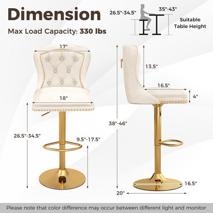360° Swivel Velvet Bar Stools Set of 2 with Adjustable Footrest and Electroplated Metal Base - Beige