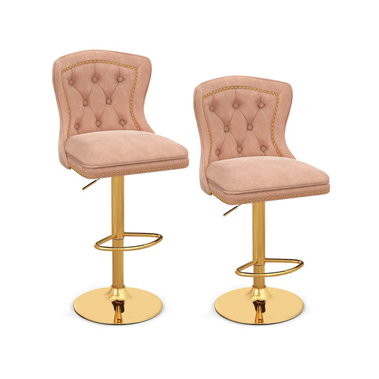 360° Swivel Velvet Bar Stools Set of 2 with Adjustable Footrest and Electroplated Metal Base - Pink