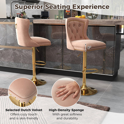 360° Swivel Velvet Bar Stools Set of 2 with Adjustable Footrest and Electroplated Metal Base - Pink