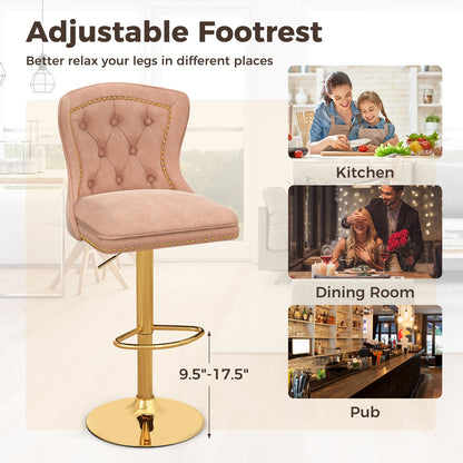360° Swivel Velvet Bar Stools Set of 2 with Adjustable Footrest and Electroplated Metal Base - Pink