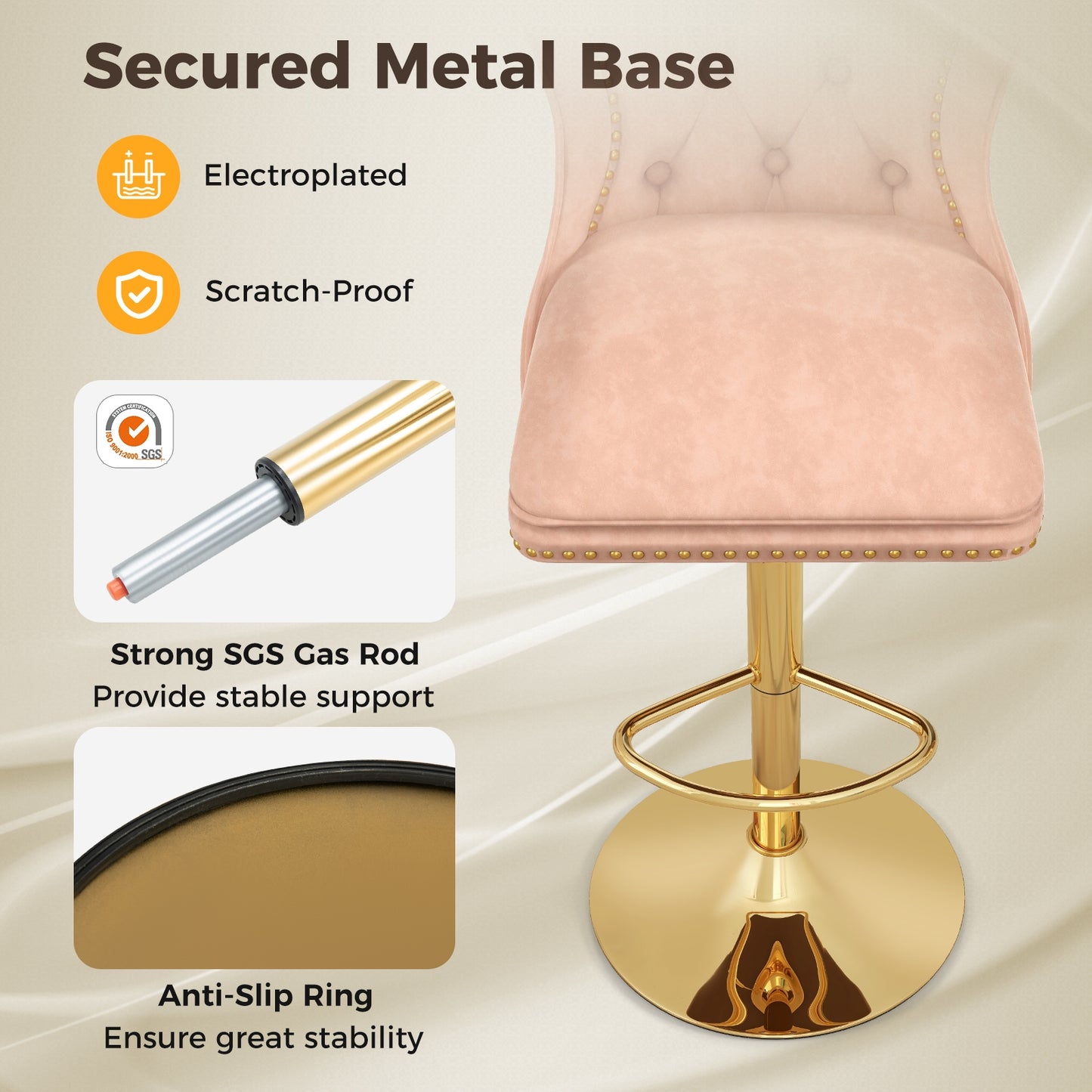 360° Swivel Velvet Bar Stools Set of 2 with Adjustable Footrest and Electroplated Metal Base - Pink