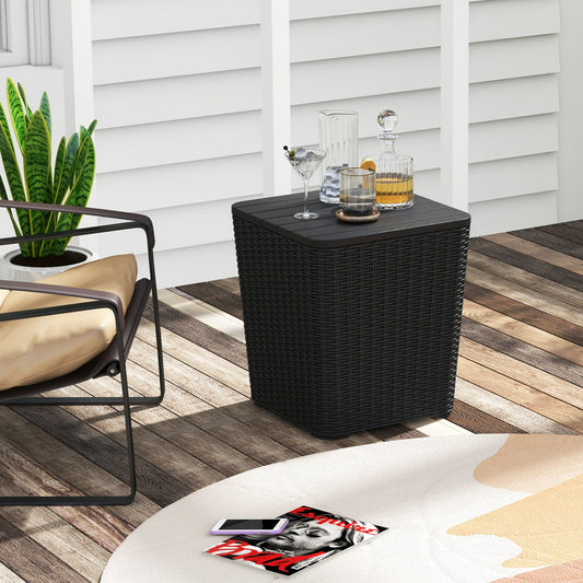 All-Weather Resin Outdoor Storage Side Table with Wicker Texture and Removable Wood-Look Lid - Black