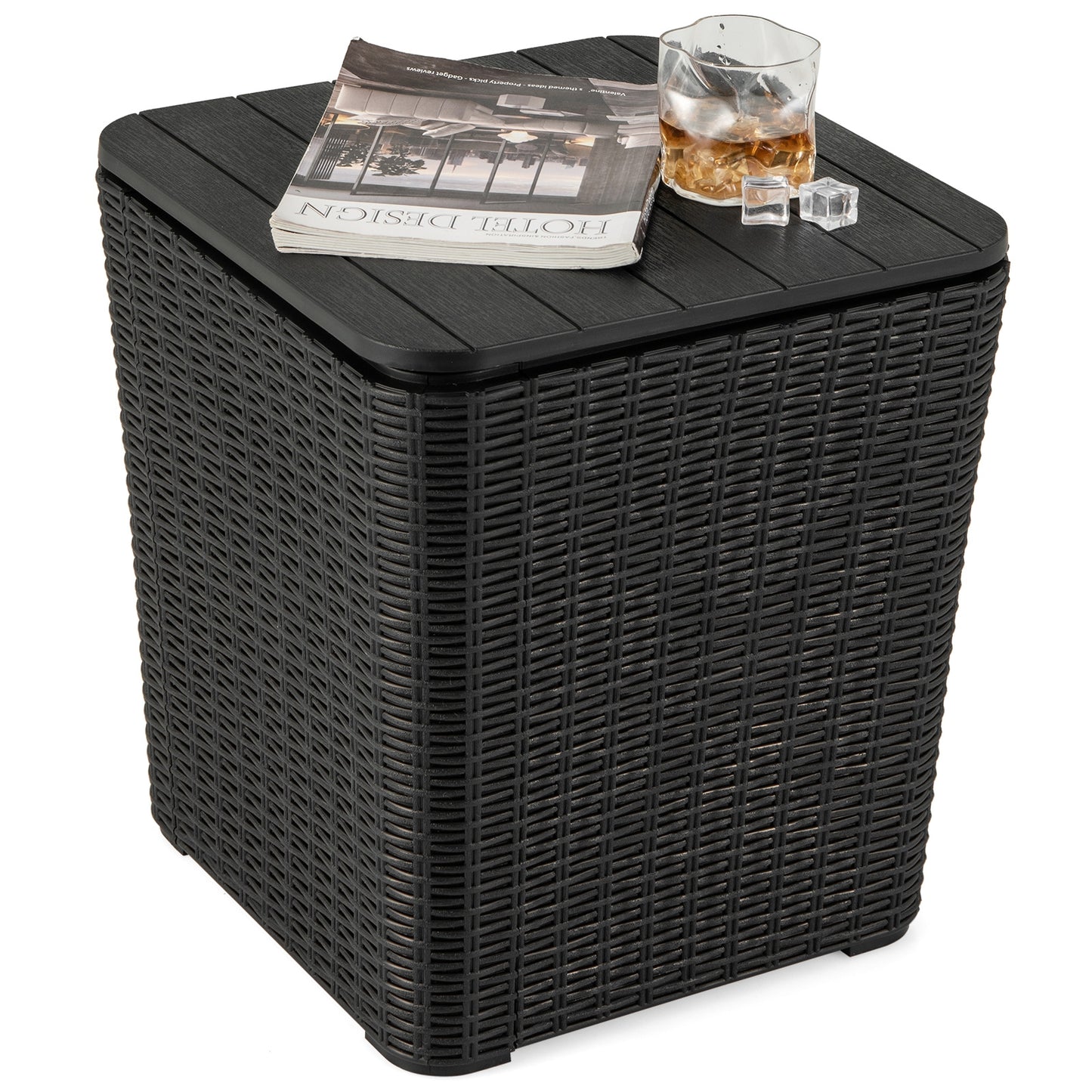 All-Weather Resin Outdoor Storage Side Table with Wicker Texture and Removable Wood-Look Lid - Black