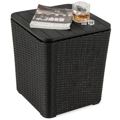 All-Weather Resin Outdoor Storage Side Table with Wicker Texture and Removable Wood-Look Lid - Black