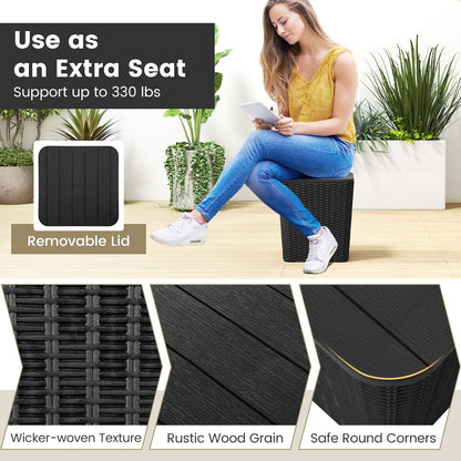 All-Weather Resin Outdoor Storage Side Table with Wicker Texture and Removable Wood-Look Lid - Black
