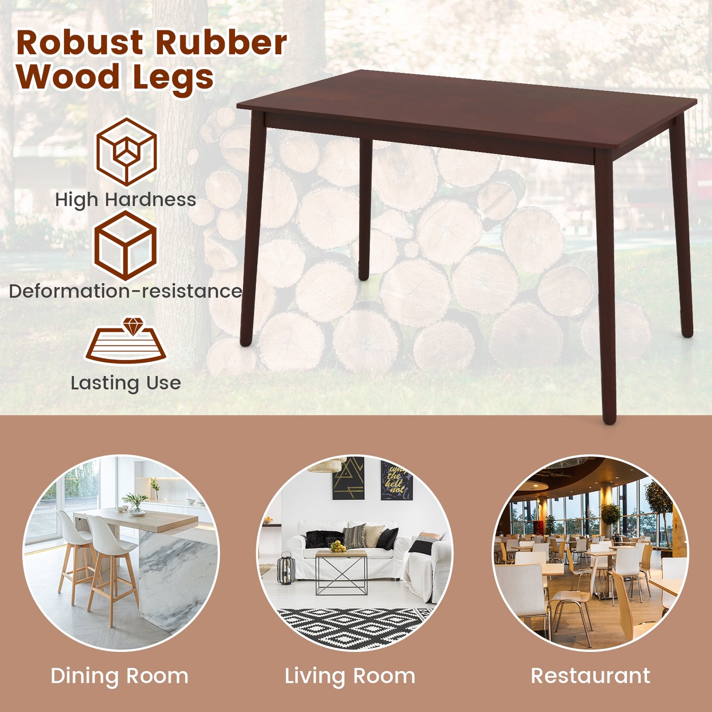 48 Inch Rectangular Dining Table for 4 with Solid Rubber Wood Legs and Wood Grain Finish