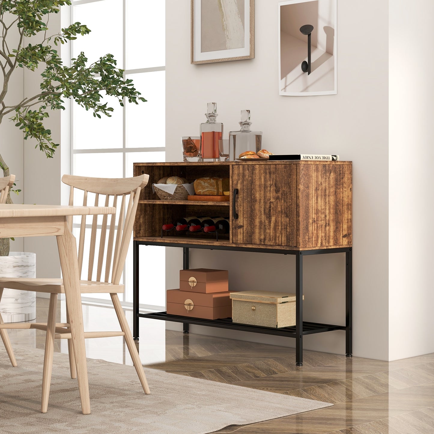 Buffet Cabinet with Wine Rack USB Charging Ports and Storage Shelves - Rustic Brown