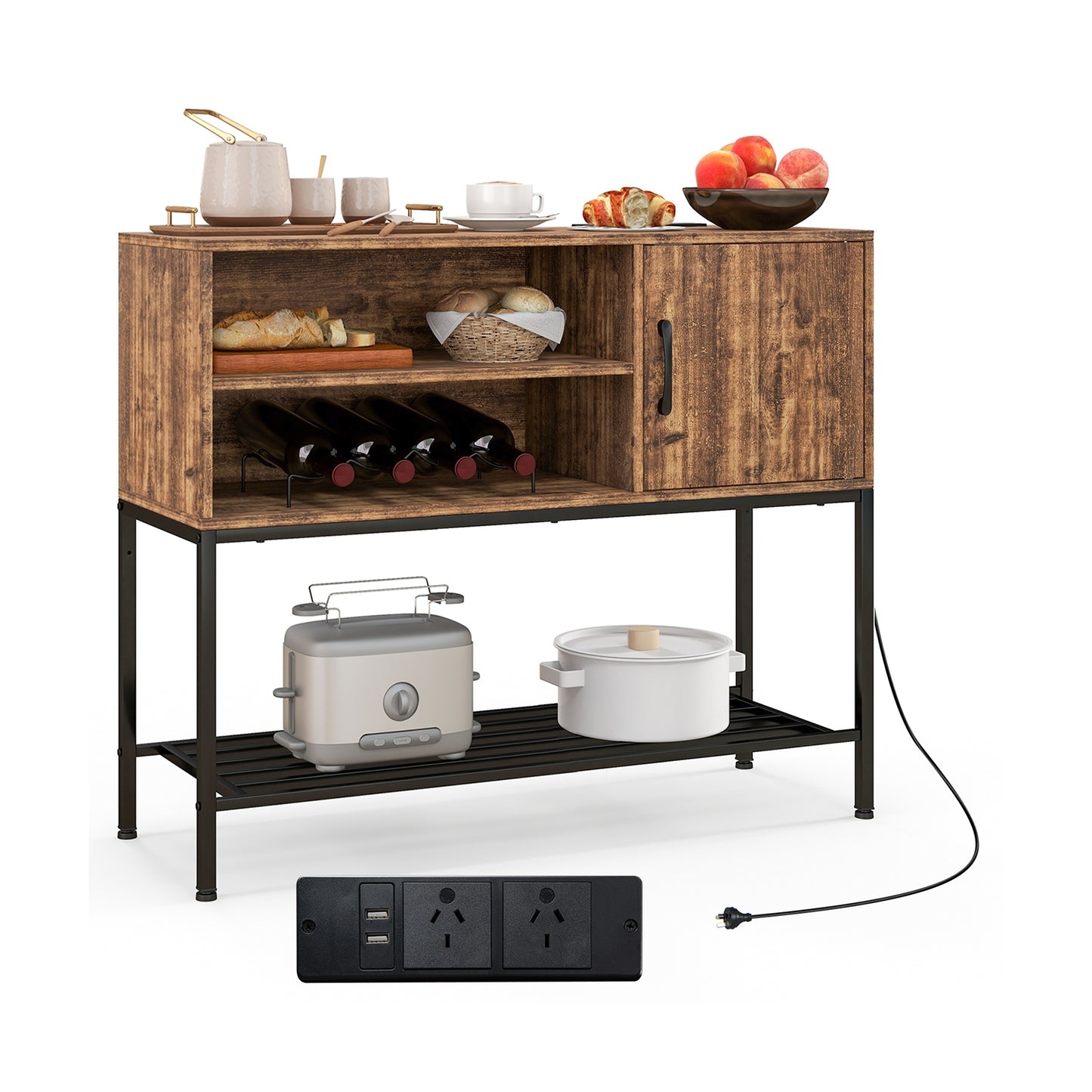 Buffet Cabinet with Wine Rack USB Charging Ports and Storage Shelves - Rustic Brown