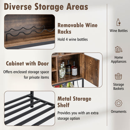 Buffet Cabinet with Wine Rack USB Charging Ports and Storage Shelves - Rustic Brown