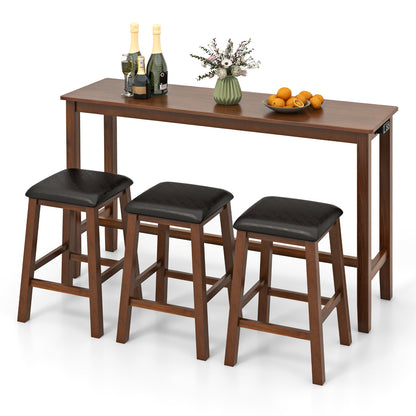 4-Piece Counter Height Bar Table Set with Power Strip and 3 Upholstered PVC Leather Stools