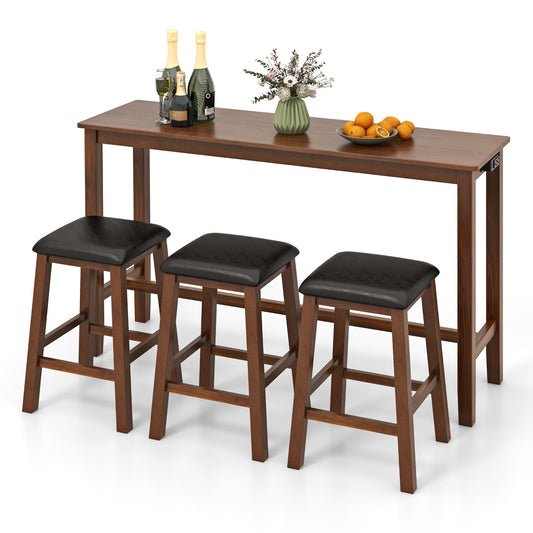 4-Piece Counter Height Bar Table Set with Power Strip and 3 Upholstered PVC Leather Stools