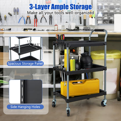 Heavy Duty 3-Tier Rolling Tool Cart with Durable PP Shelves and Comfortable Handle