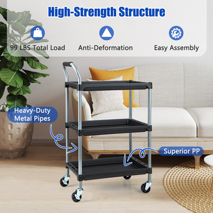 Heavy Duty 3-Tier Rolling Tool Cart with Durable PP Shelves and Comfortable Handle