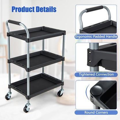 Heavy Duty 3-Tier Rolling Tool Cart with Durable PP Shelves and Comfortable Handle
