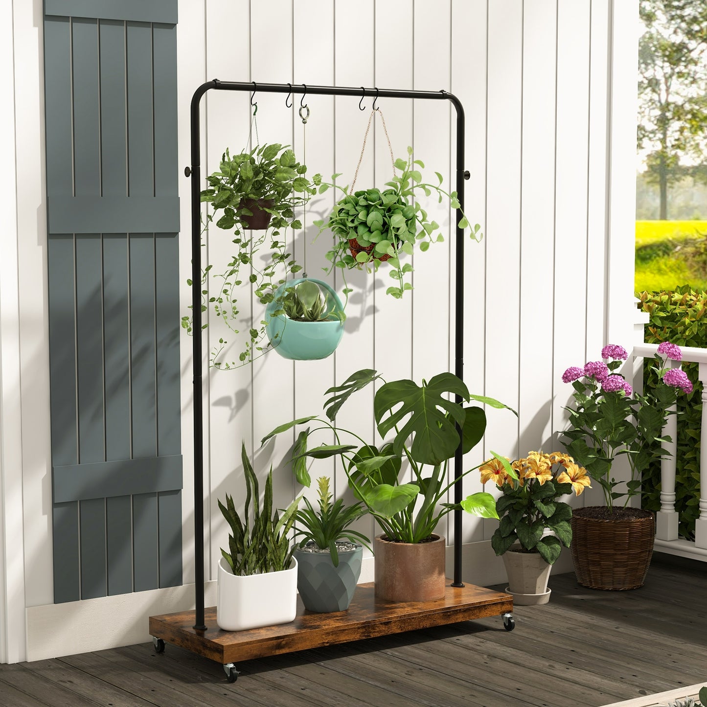 Wheeled Wardrobe Rack with Storage Shelf and Accessory Hooks