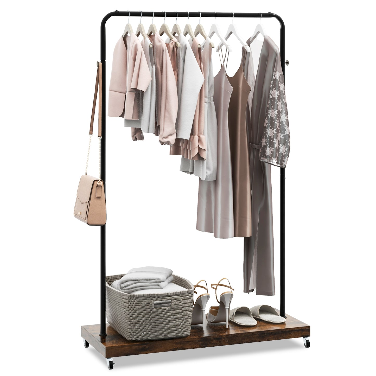 Wheeled Wardrobe Rack with Storage Shelf and Accessory Hooks