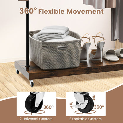 Wheeled Wardrobe Rack with Storage Shelf and Accessory Hooks