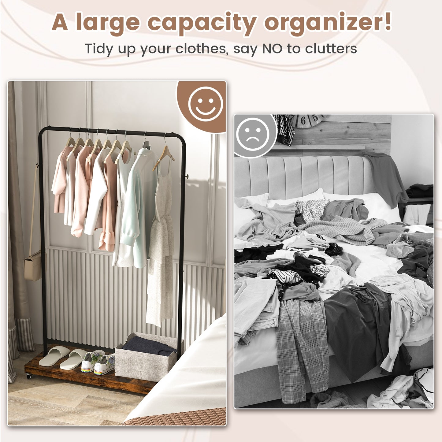 Wheeled Wardrobe Rack with Storage Shelf and Accessory Hooks