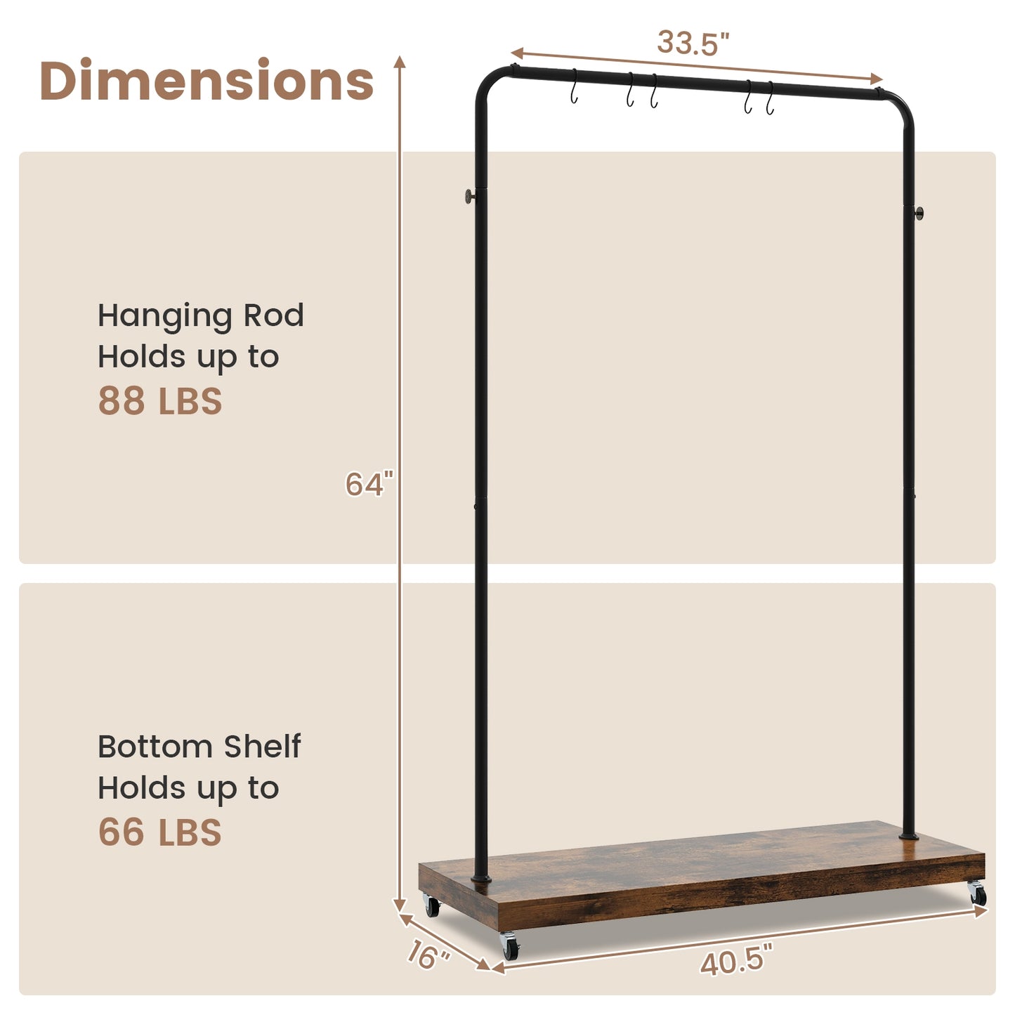 Wheeled Wardrobe Rack with Storage Shelf and Accessory Hooks