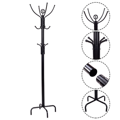 Freestanding Metal Coat Rack with 3 Tiers and 12 Hooks for Entryway or Bedroom