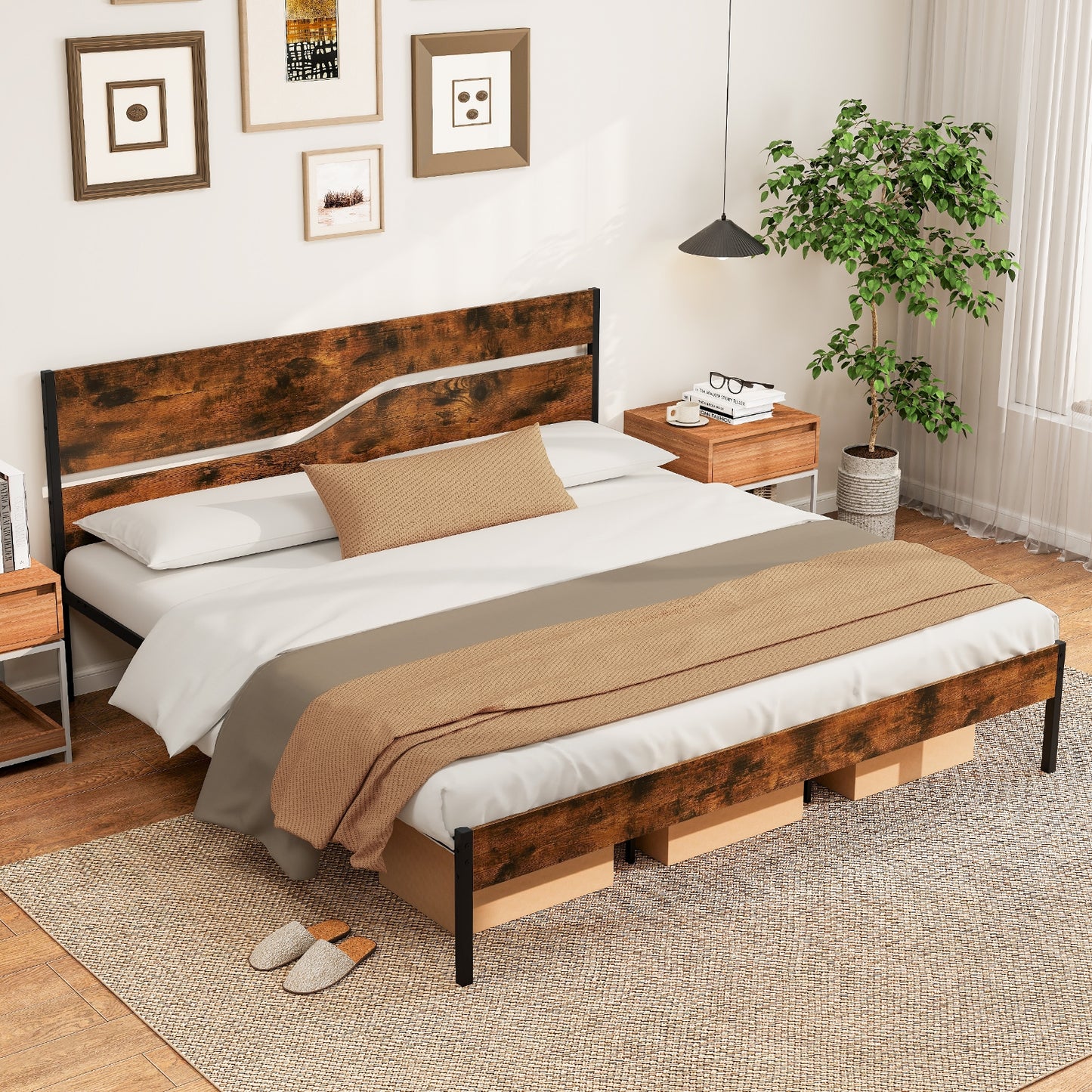 Modern Industrial Bed Frame with Sturdy Metal Slats and Wood Accents, King Size