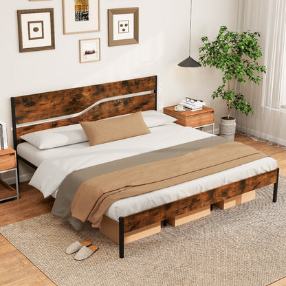 Modern Industrial Bed Frame with Sturdy Metal Slats and Wood Accents, King Size
